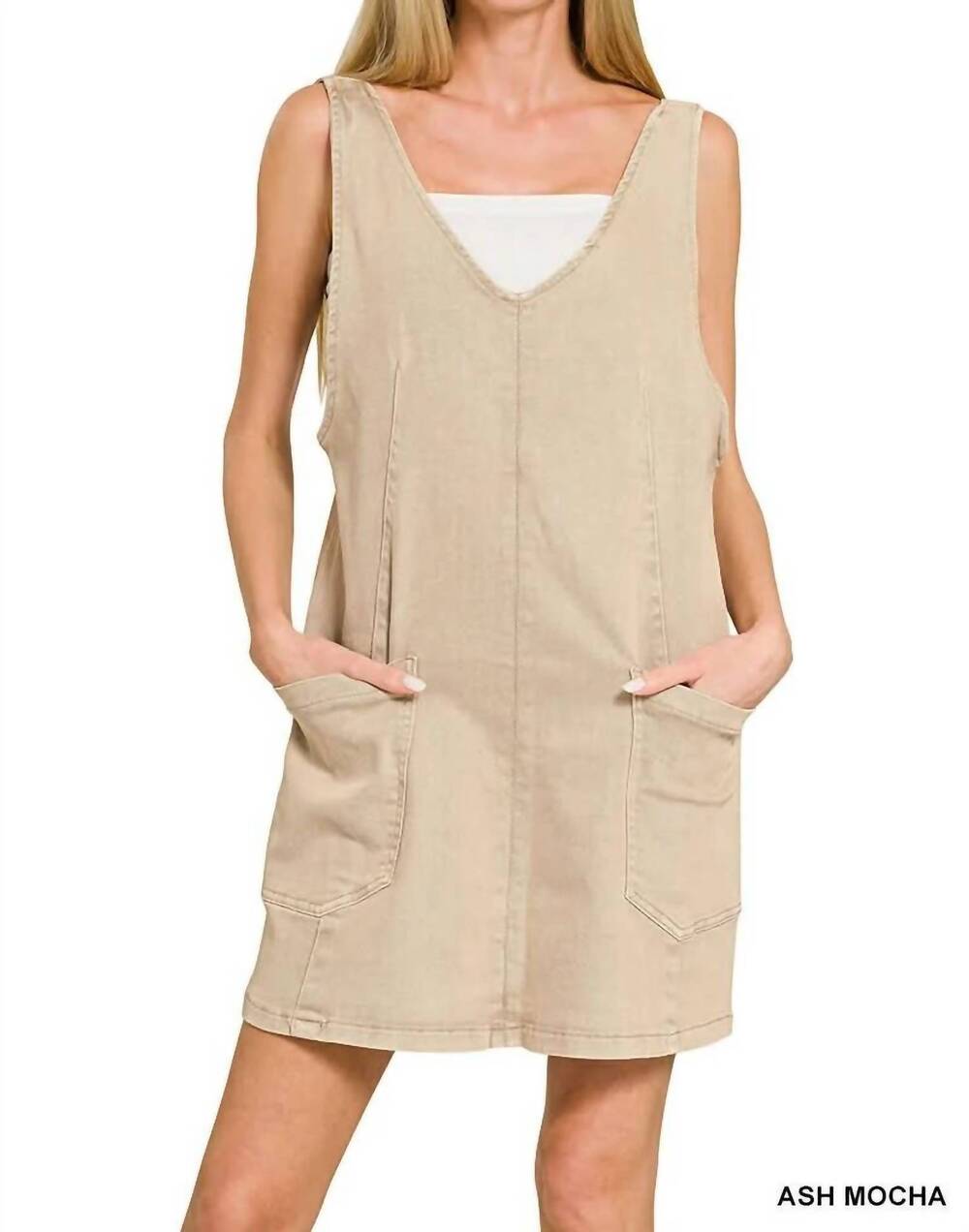 NEW ZENANA harper washed denim overall dress in ash mocha